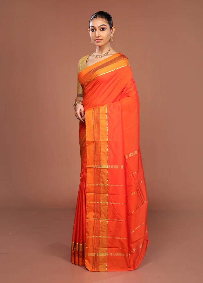 Orange Kanjivaram Silk Saree With Blouse Piece - Image 4