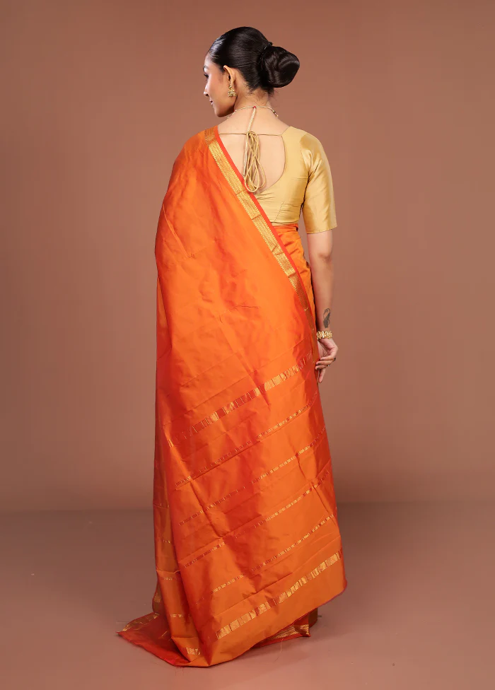 Orange Kanjivaram Silk Saree With Blouse Piece - Image 3