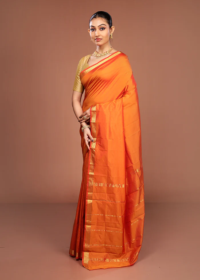 Orange Kanjivaram Silk Saree With Blouse Piece - Image 4