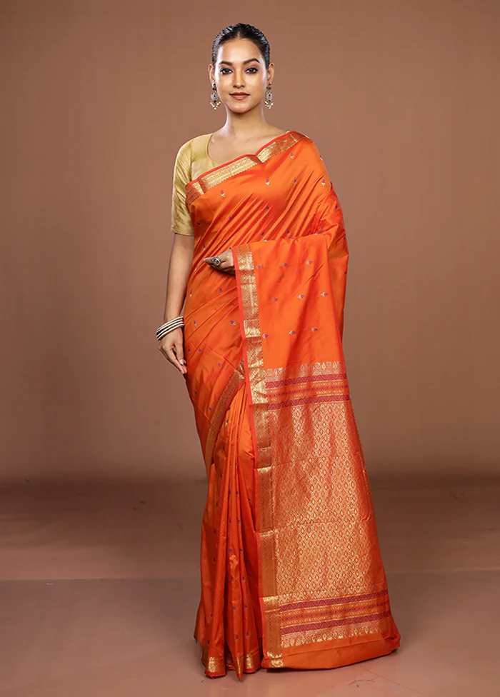 Orange Kanjivaram Silk Saree With Blouse Piece - Image 2