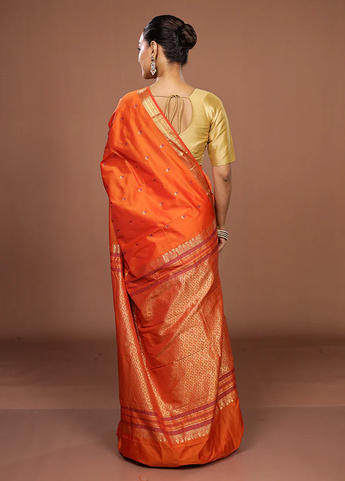 Orange Kanjivaram Silk Saree With Blouse Piece - Image 3
