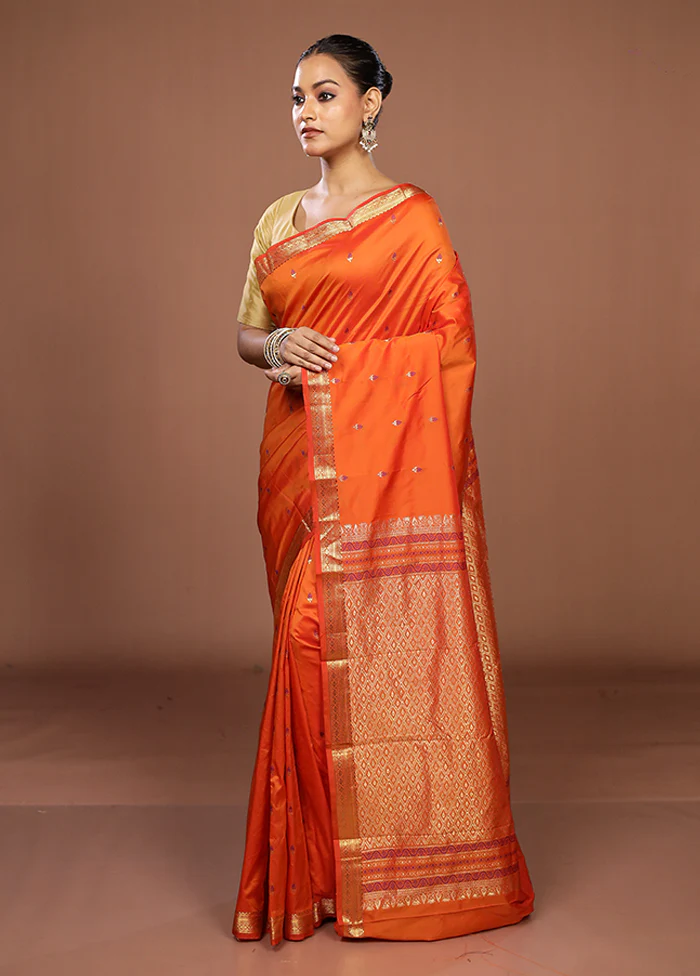 Orange Kanjivaram Silk Saree With Blouse Piece - Image 4