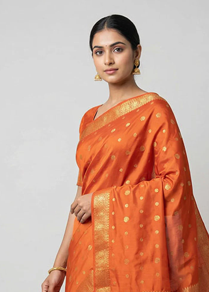 Orange Kanjivaram Silk Saree With Blouse Piece - Image 2