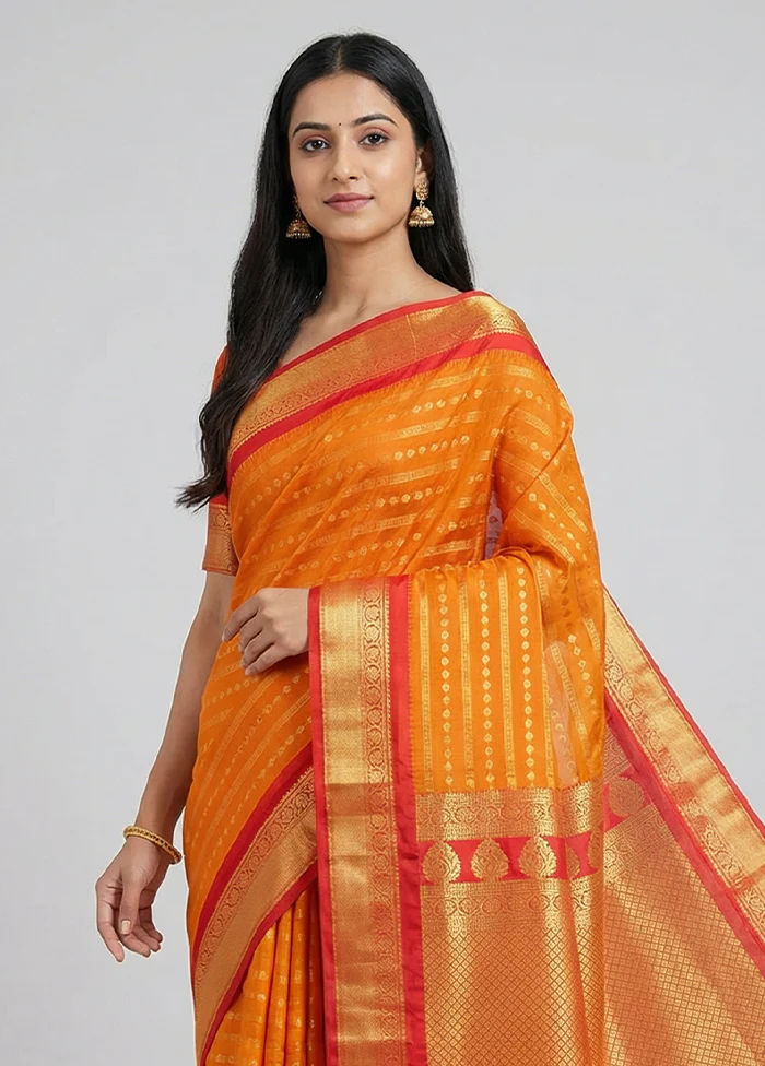 Orange Kanjivaram Silk Saree With Blouse Piece - Image 2