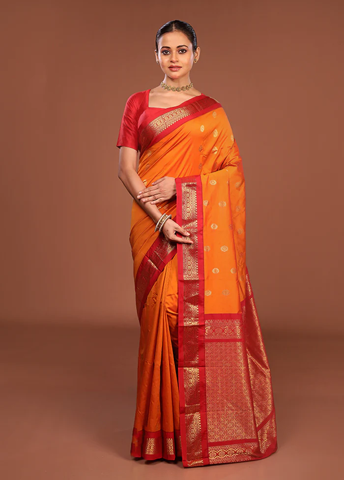 Orange Kanjivaram Silk Saree With Blouse Piece - Image 2