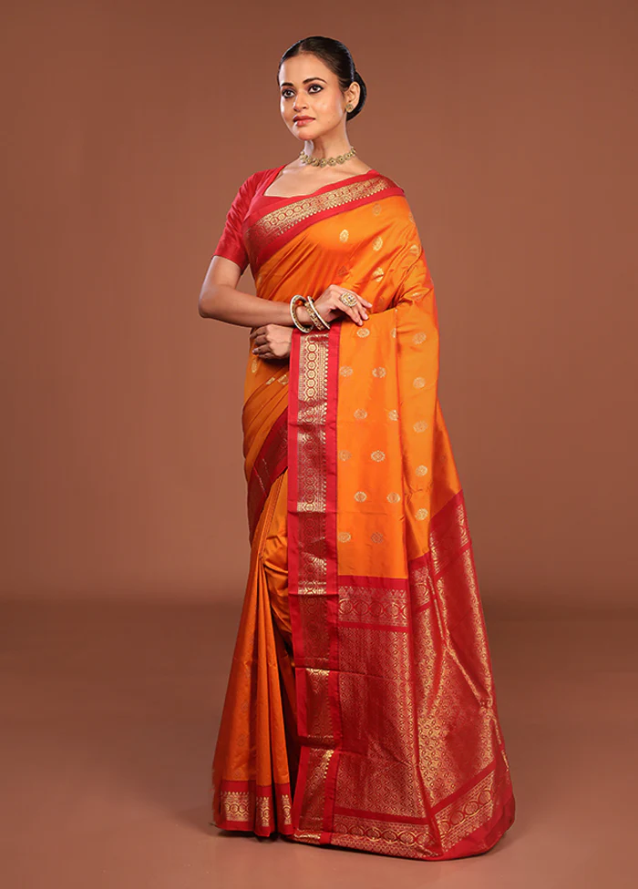 Orange Kanjivaram Silk Saree With Blouse Piece - Image 4