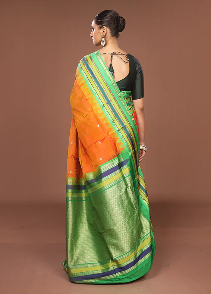 Orange Kanjivaram Silk Saree With Blouse Piece - Image 3