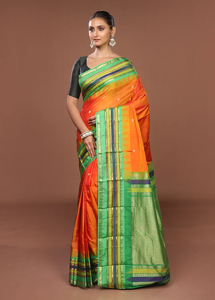 Orange Kanjivaram Silk Saree With Blouse Piece - Image 4