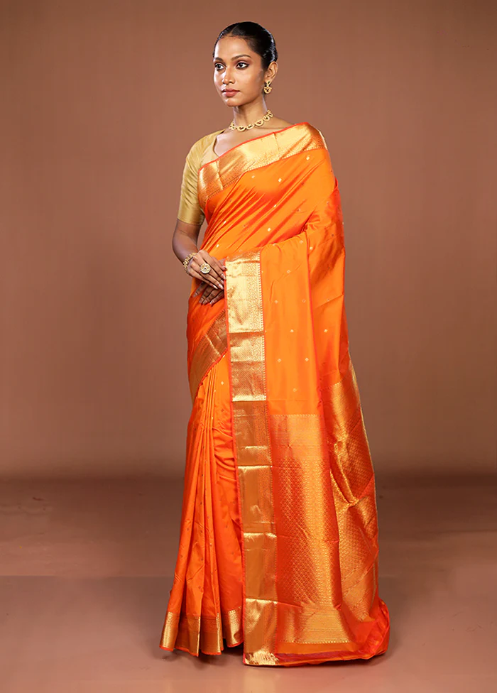 Orange Kanjivaram Silk Saree With Blouse Piece - Image 4