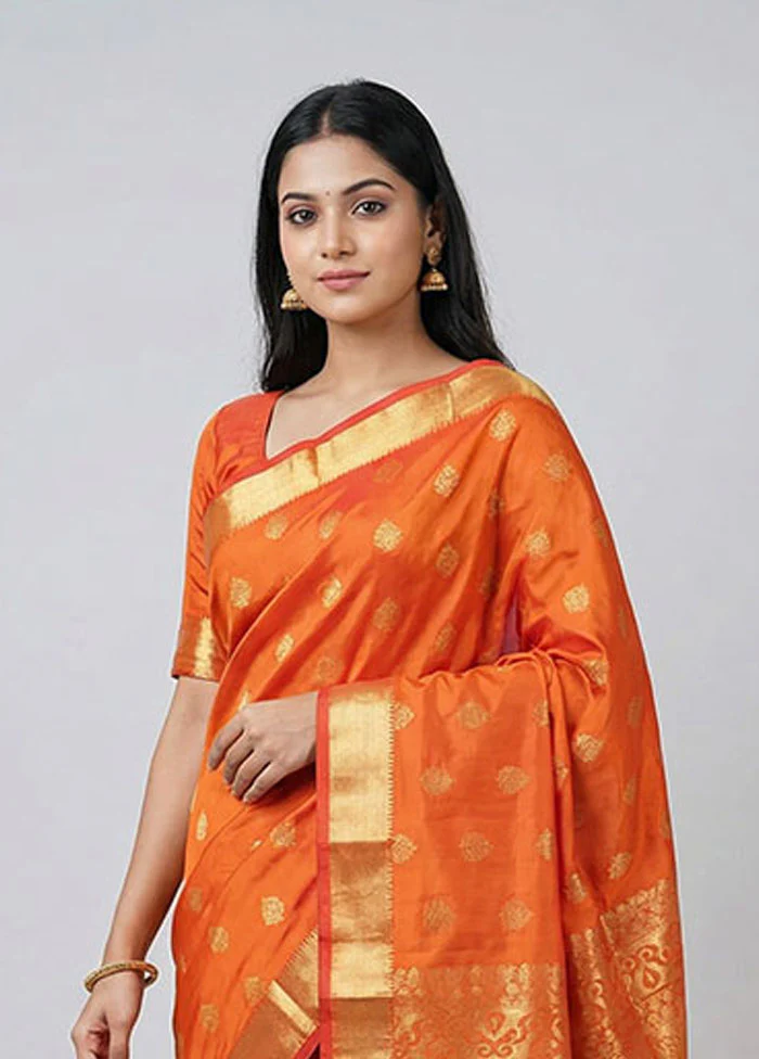 Orange Kanjivaram Silk Saree With Blouse Piece - Image 2