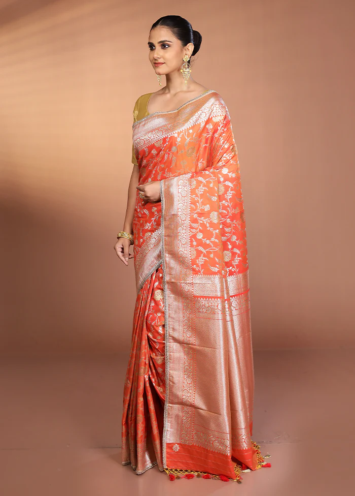 Orange Katan Silk Saree With Blouse Piece - Image 4