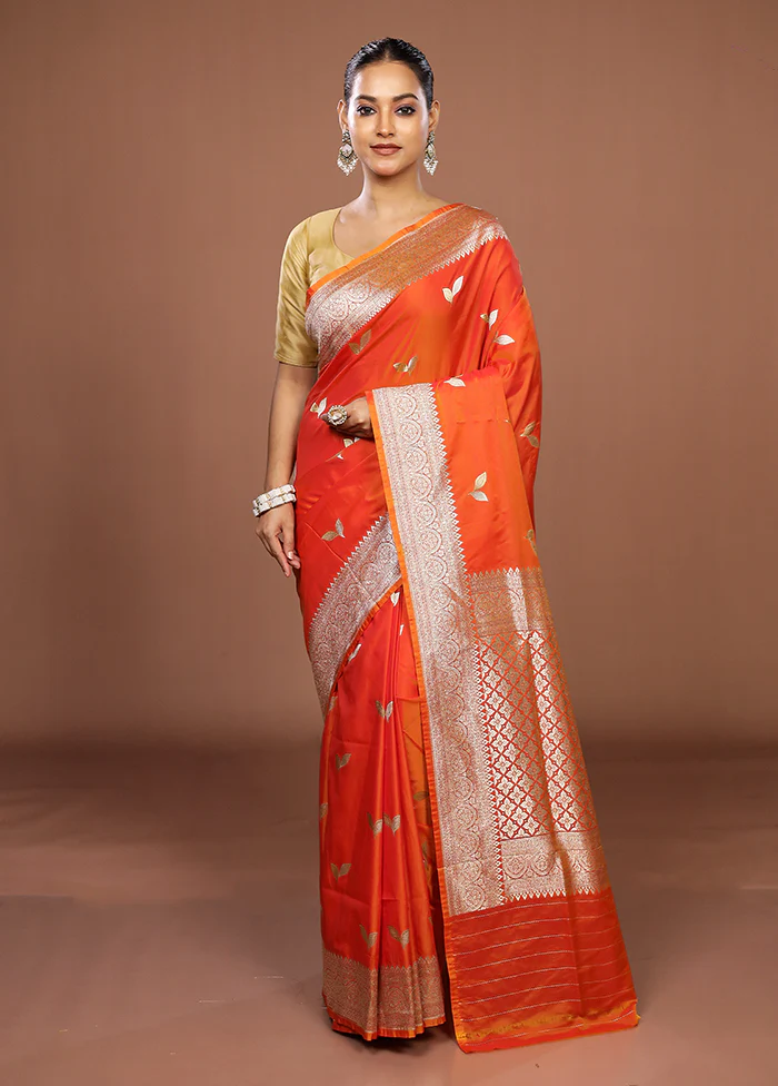 Orange Katan Silk Saree With Blouse Piece - Image 2