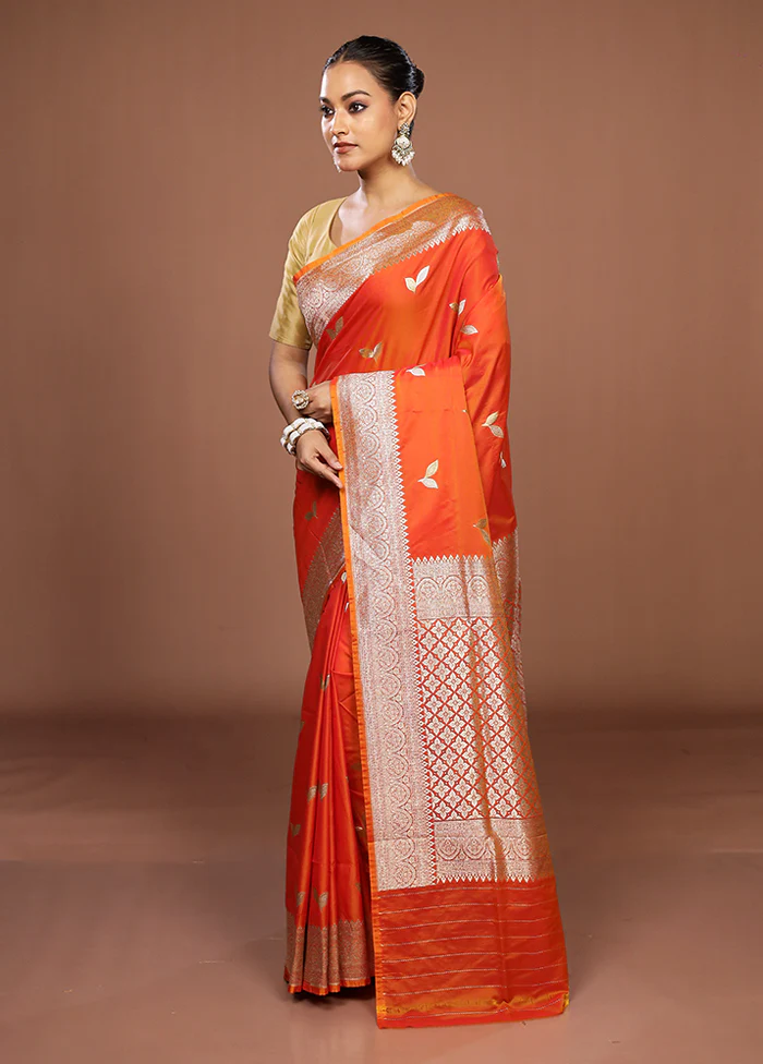 Orange Katan Silk Saree With Blouse Piece - Image 4