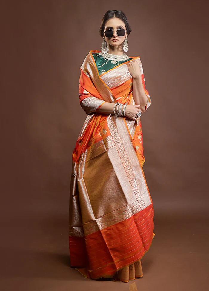 Orange Katan Silk Saree With Blouse Piece - Image 2