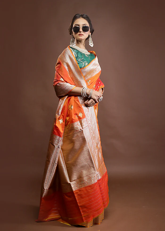 Orange Katan Silk Saree With Blouse Piece - Image 4
