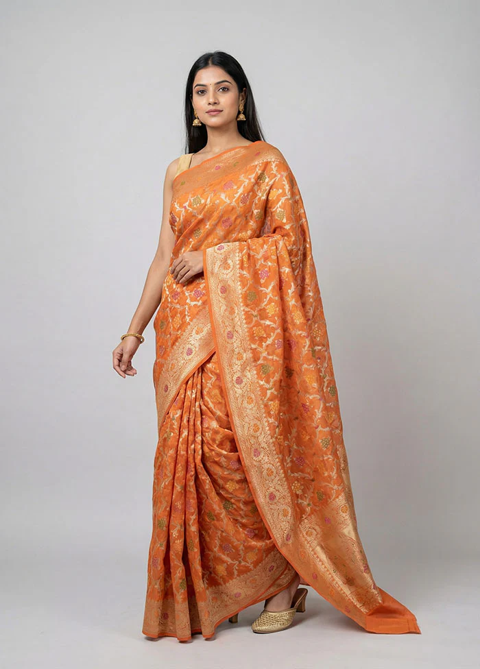 Orange Kora Silk Saree With Blouse Piece