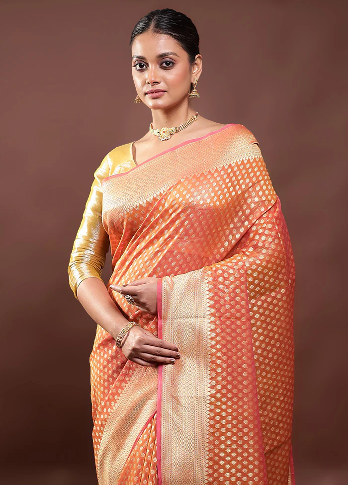 Orange Kora Silk Saree With Blouse Piece - Image 2