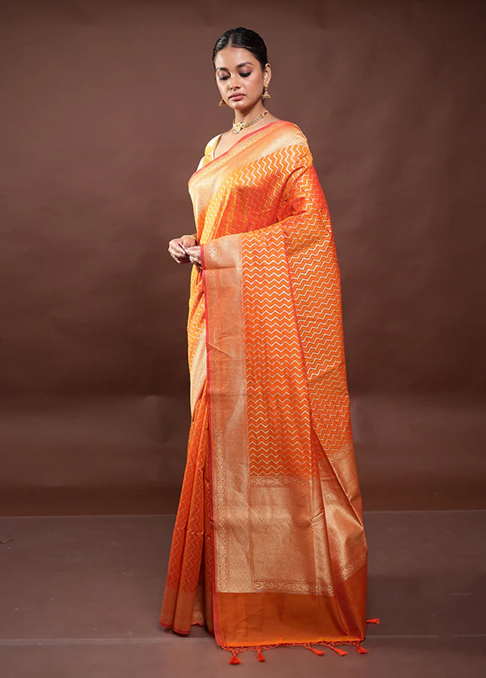 Orange Kora Silk Saree With Blouse Piece - Image 4
