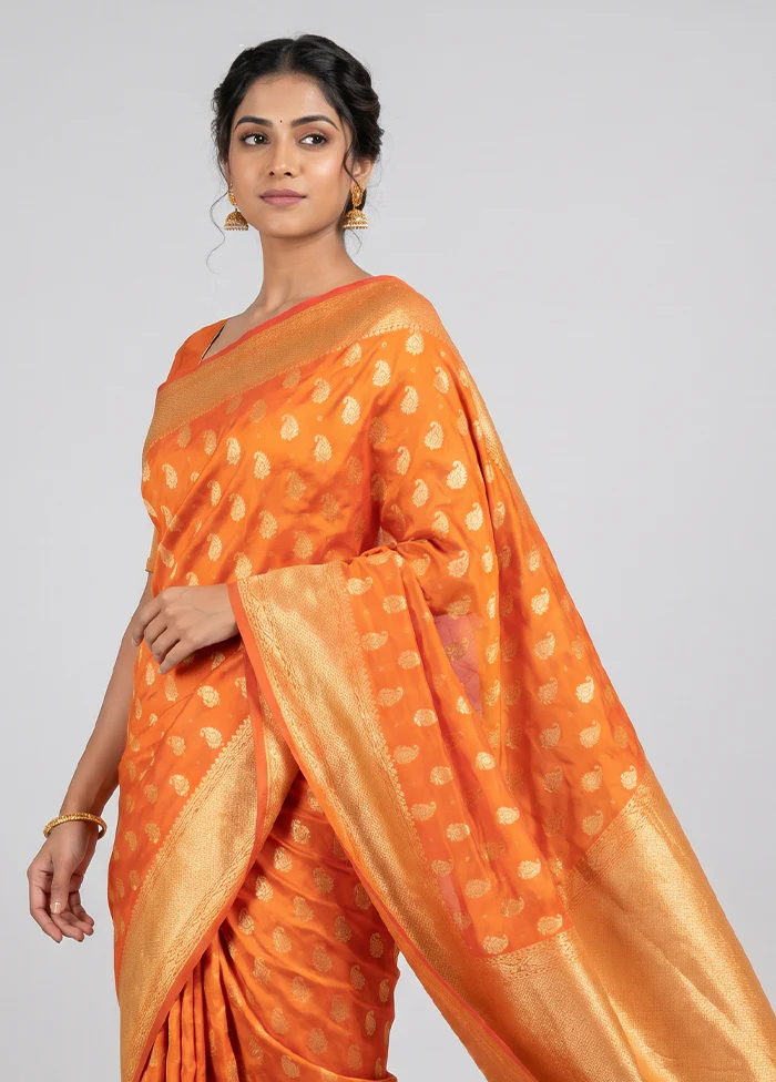 Orange Kora Silk Saree With Blouse Piece - Image 2