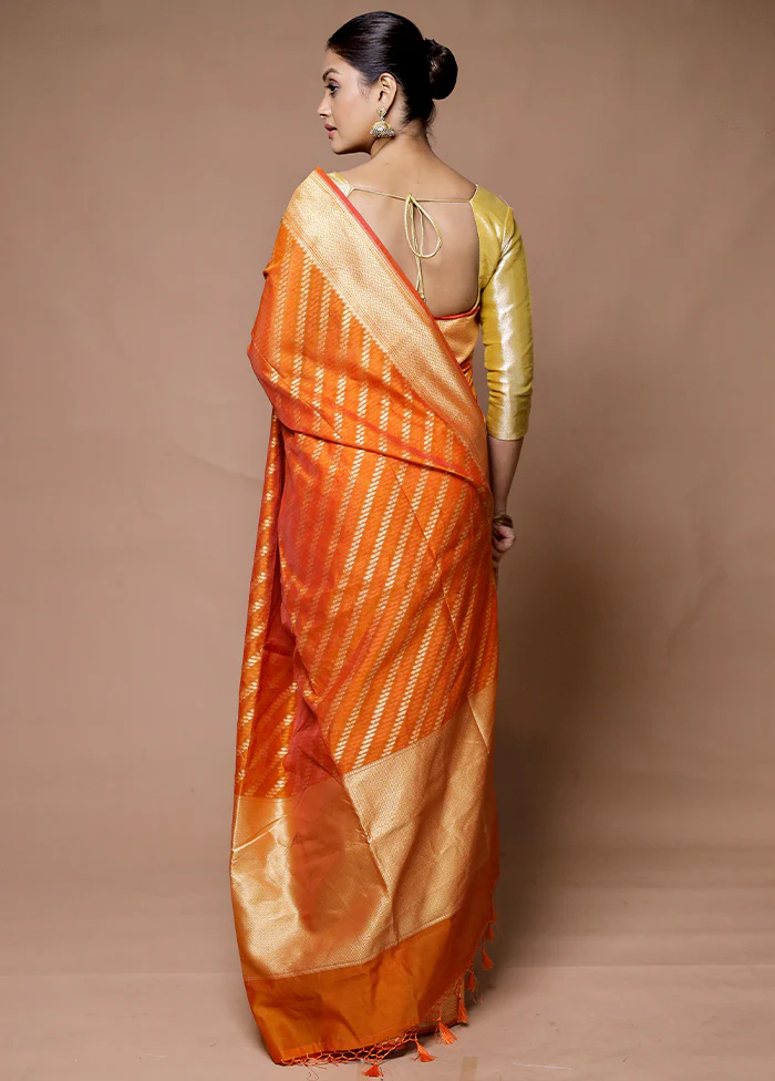 Orange Kora Silk Saree With Blouse Piece - Image 3