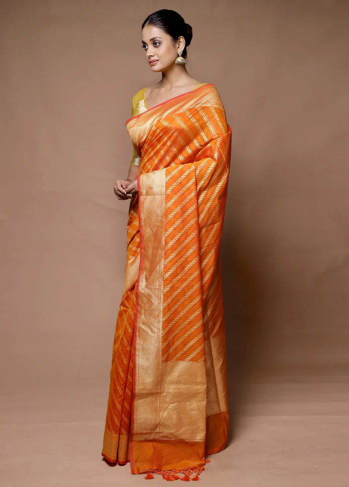 Orange Kora Silk Saree With Blouse Piece - Image 4