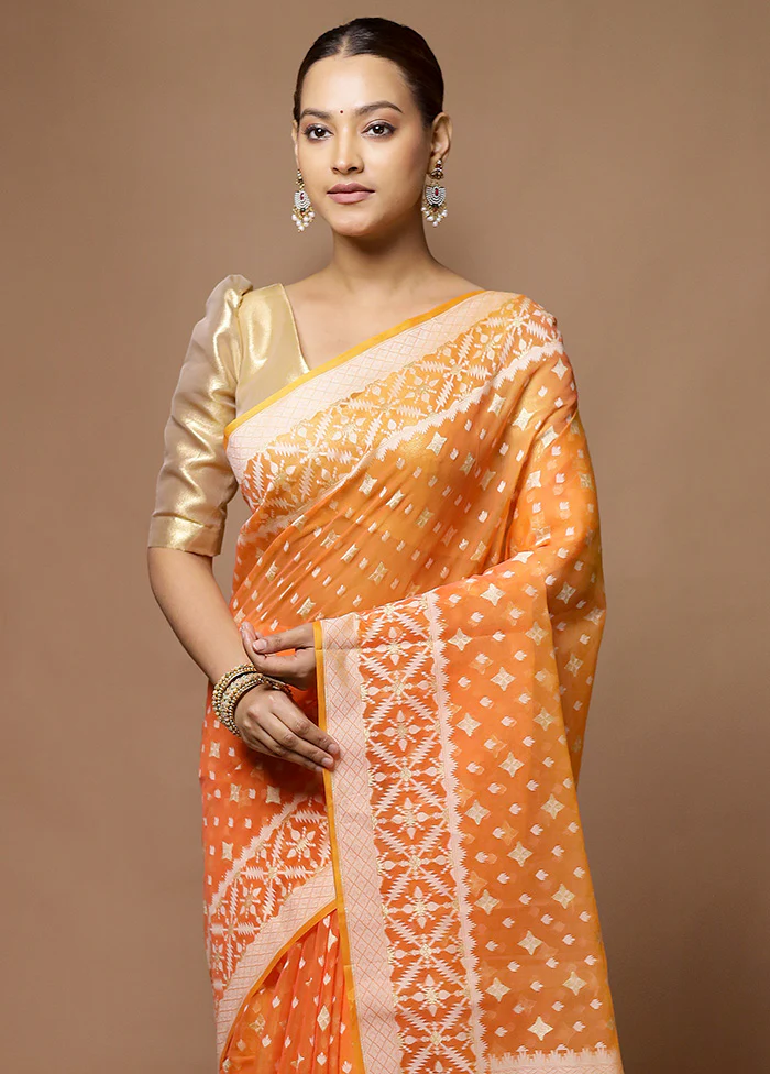 Orange Kora Silk Saree With Blouse Piece - Image 2