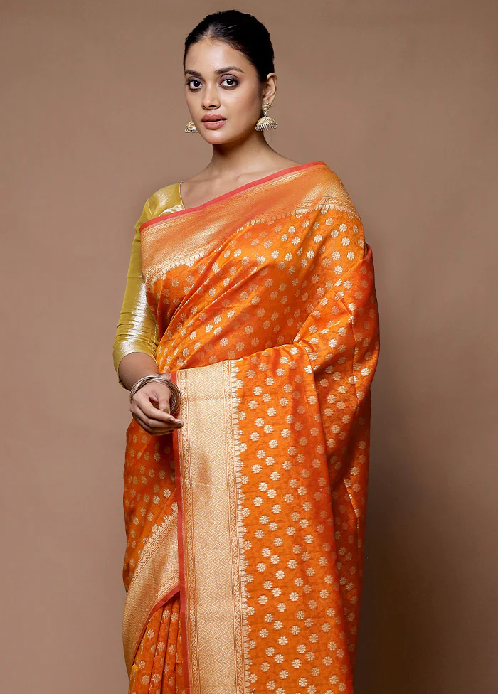 Orange Kora Silk Saree With Blouse Piece - Image 2