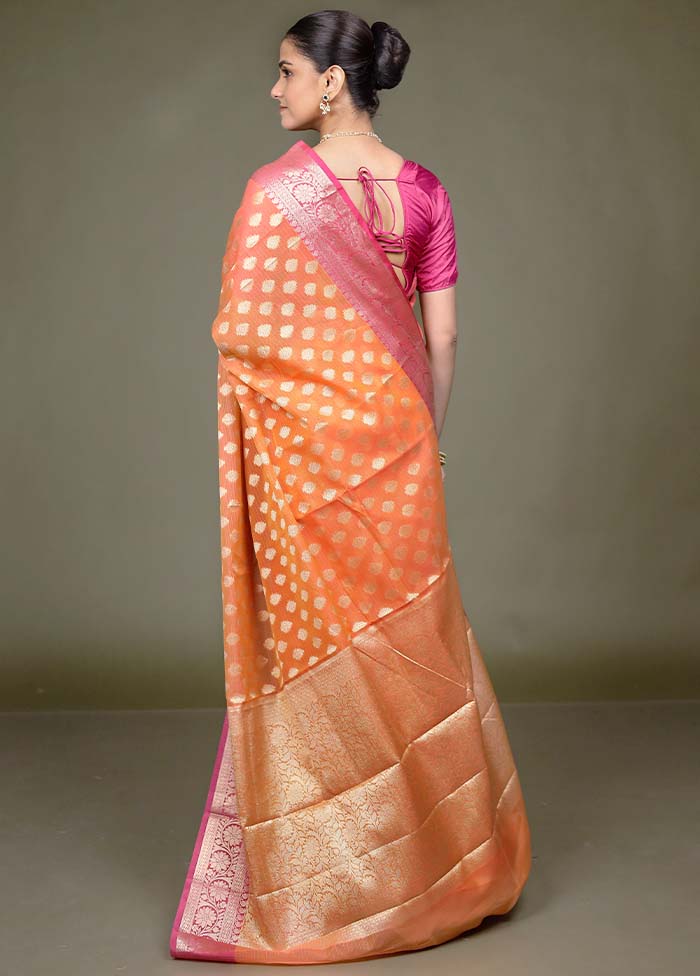Orange Kora Silk Saree With Blouse Piece - Image 3