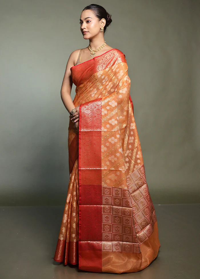 Orange Kora Silk Saree With Blouse Piece - Image 3