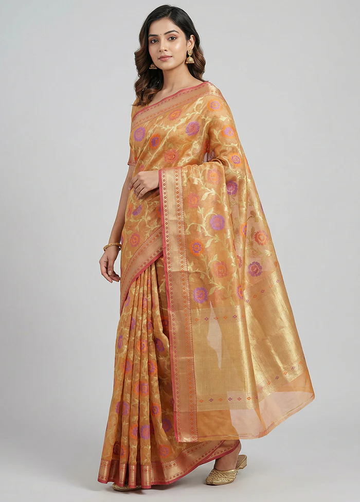 Orange Kora Silk Saree With Blouse Piece
