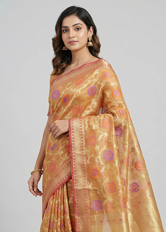Orange Kora Silk Saree With Blouse Piece - Image 2