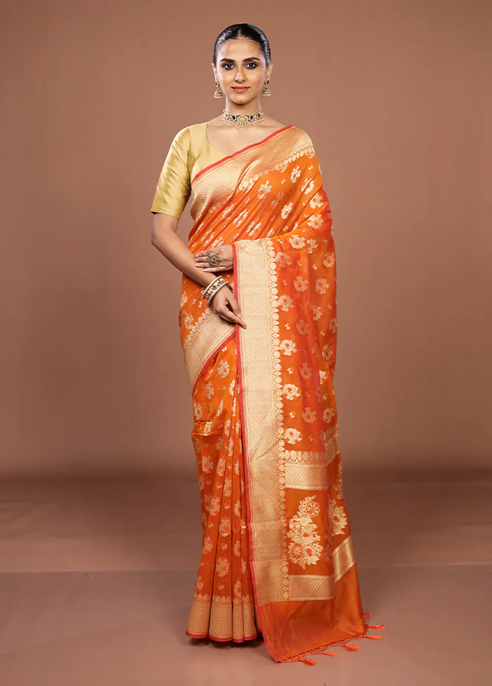Orange Kora Silk Saree With Blouse Piece - Image 2
