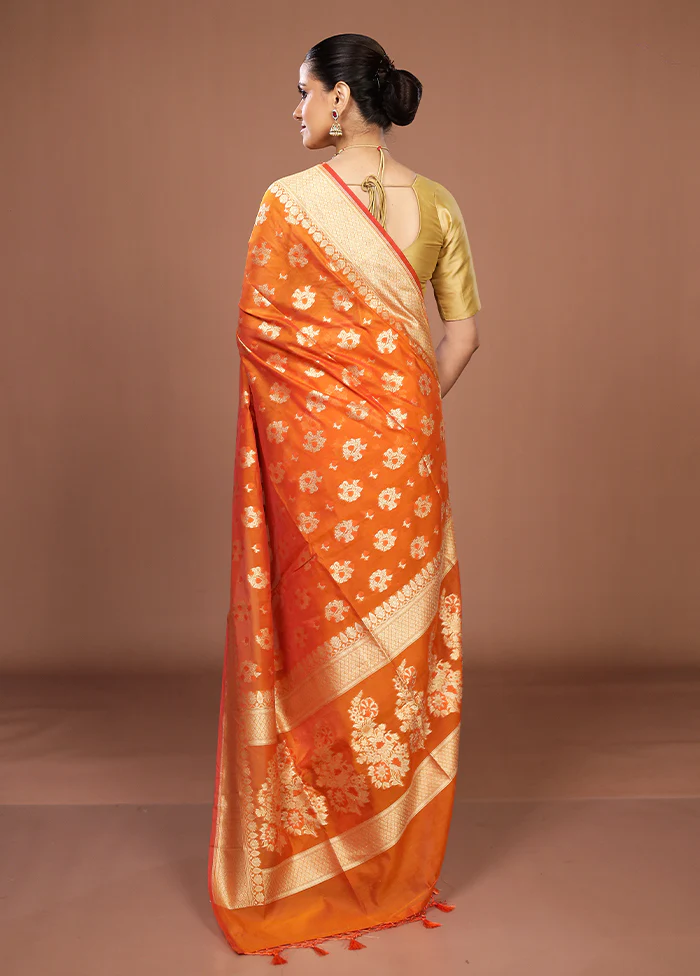 Orange Kora Silk Saree With Blouse Piece - Image 3