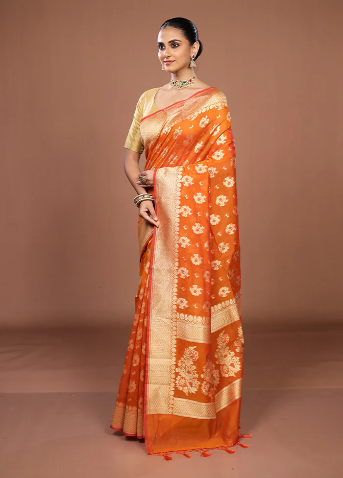 Orange Kora Silk Saree With Blouse Piece - Image 4