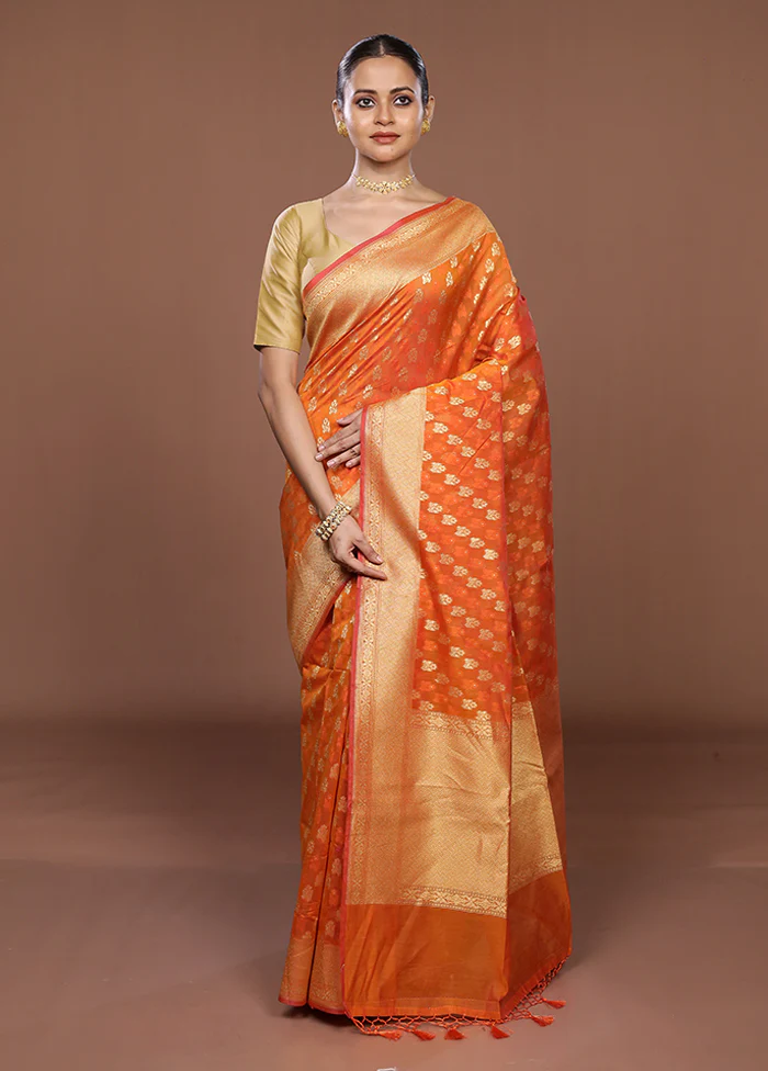 Orange Kora Silk Saree With Blouse Piece - Image 2