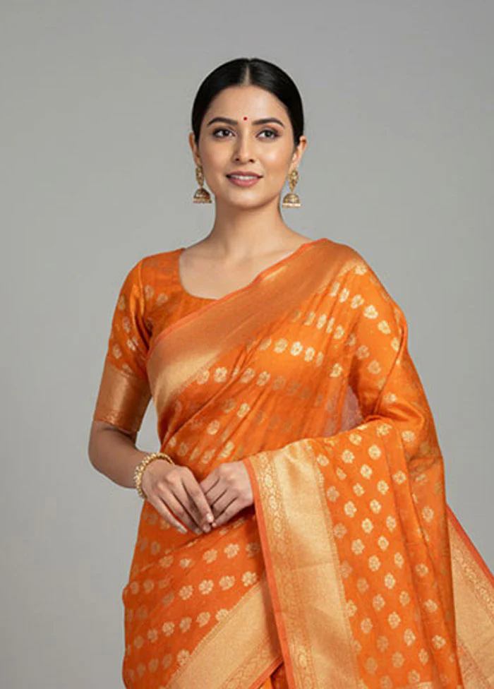 Orange Kora Silk Saree With Blouse Piece - Image 2