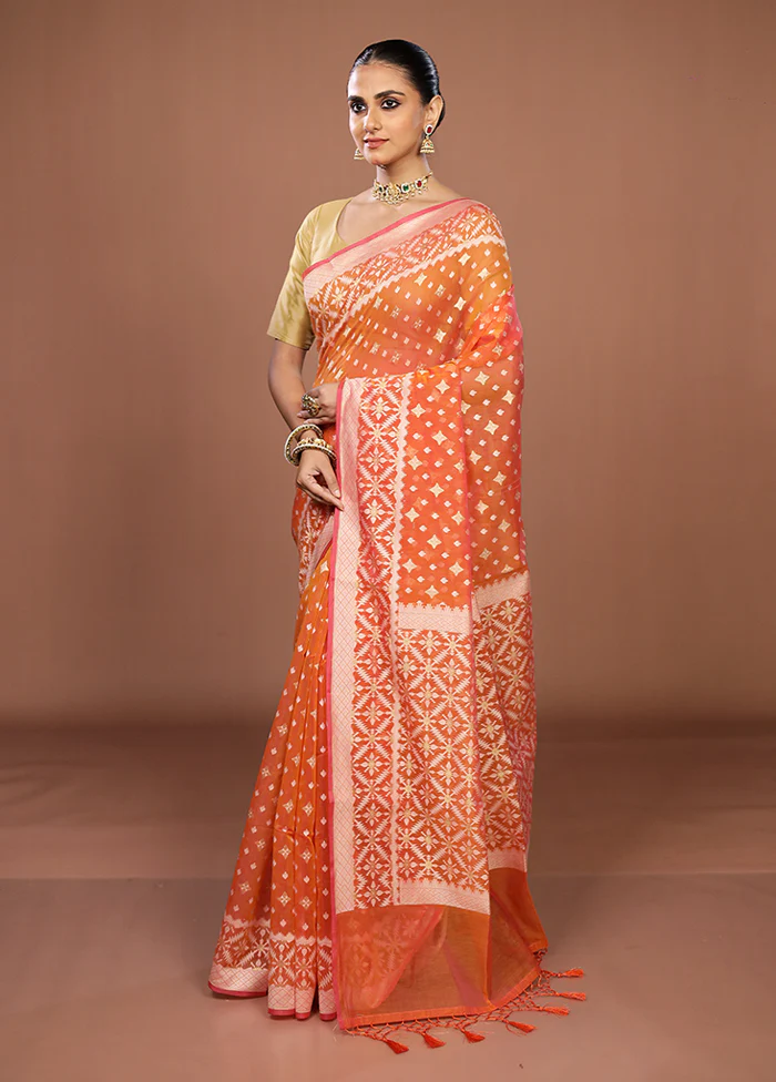 Orange Kora Silk Saree With Blouse Piece - Image 4
