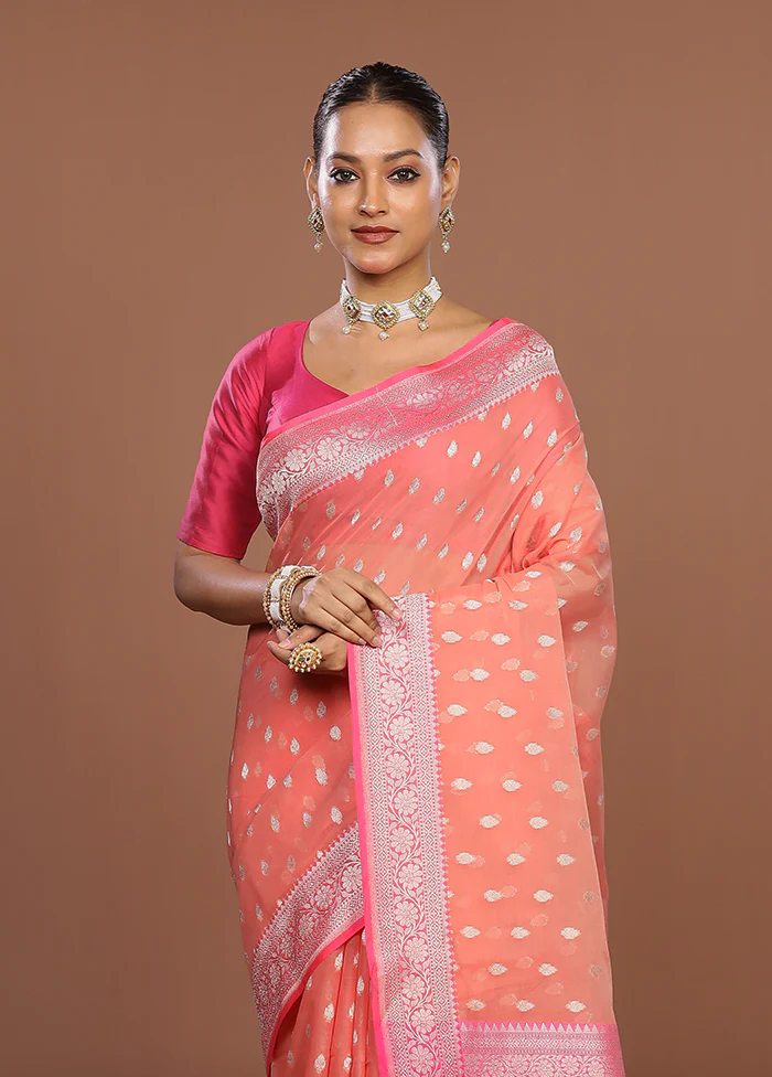 Peach Kora Silk Saree With Blouse Piece