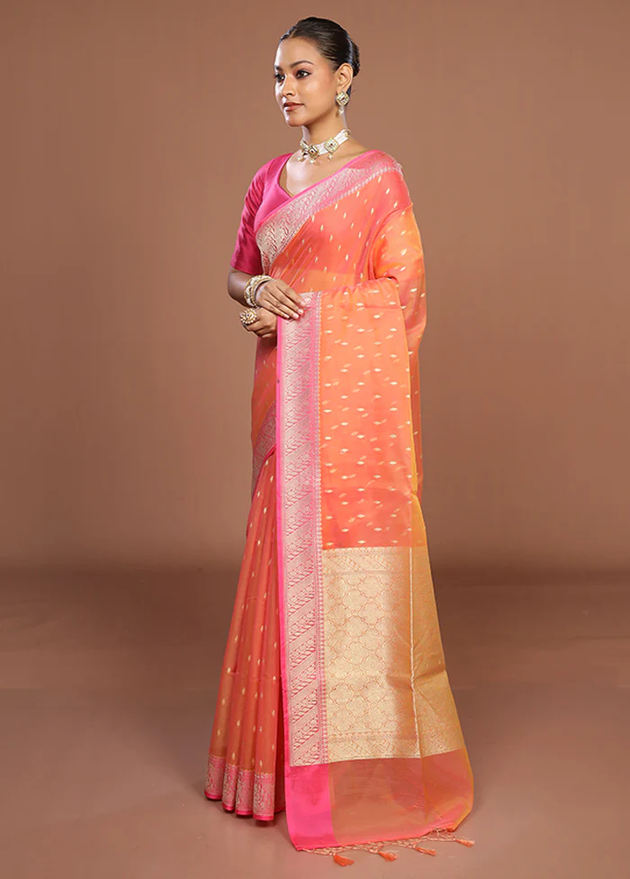 Orange Kora Silk Saree With Blouse Piece - Image 4