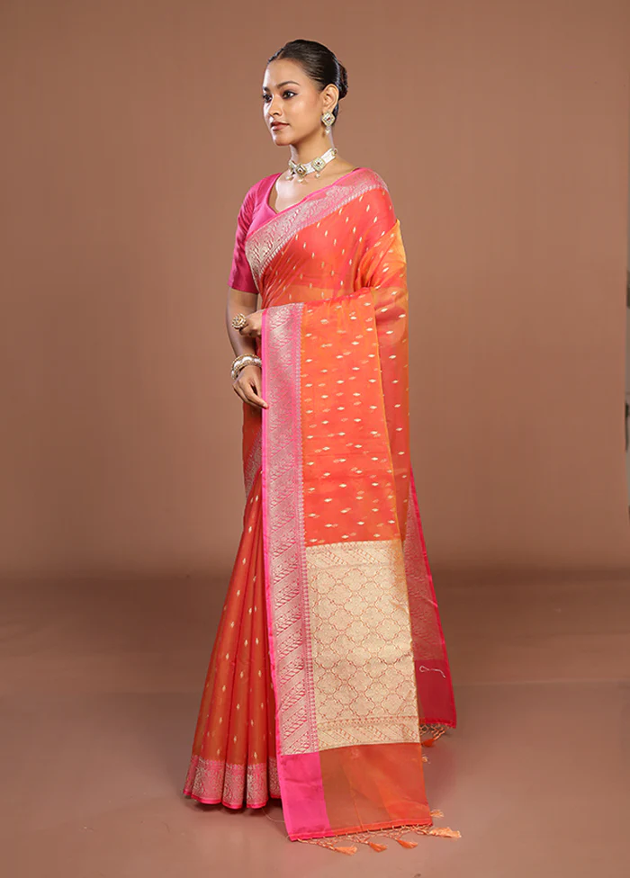 Orange Kora Silk Saree With Blouse Piece - Image 4