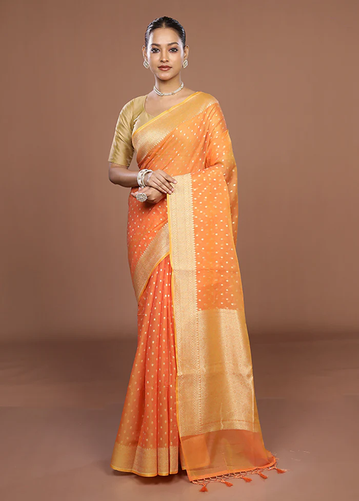 Orange Kora Silk Saree With Blouse Piece - Image 2