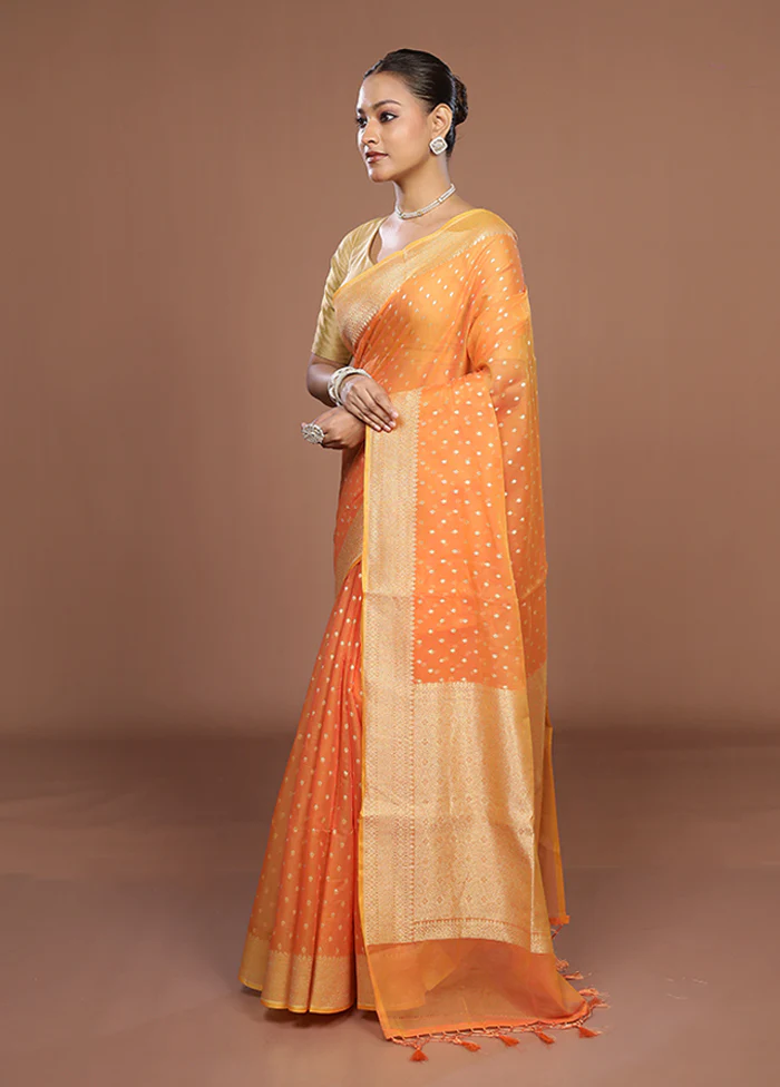 Orange Kora Silk Saree With Blouse Piece - Image 4