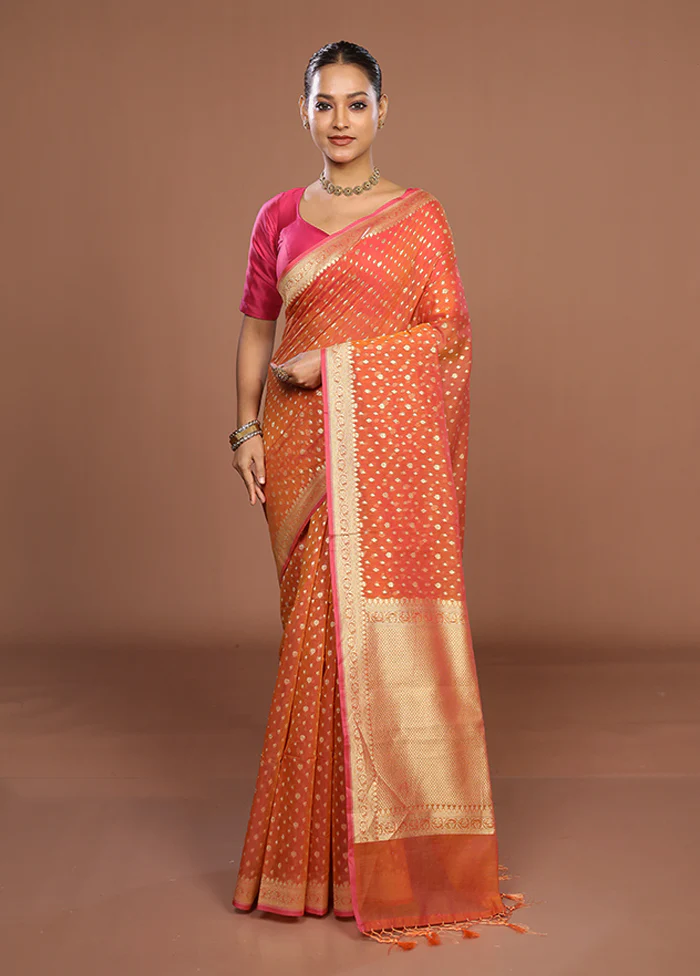 Orange Kora Silk Saree With Blouse Piece - Image 2