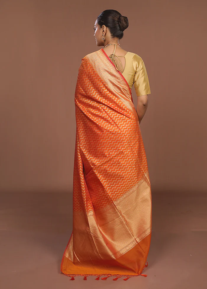 Orange Kora Silk Saree With Blouse Piece - Image 3