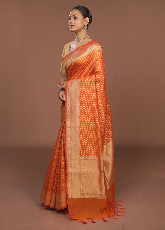 Orange Kora Silk Saree With Blouse Piece - Image 4
