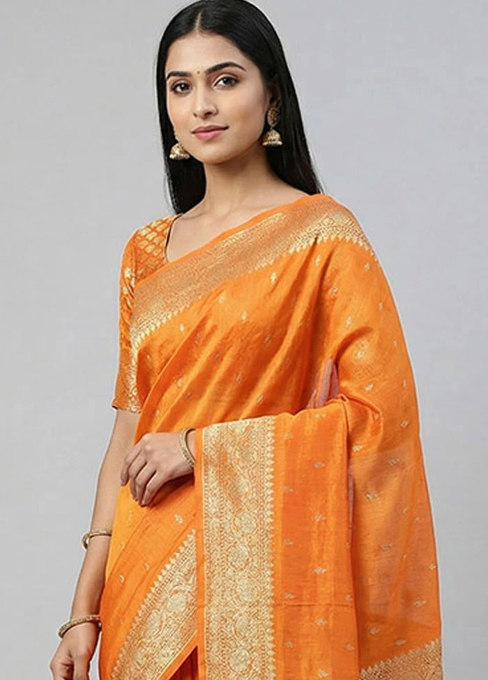 Orange Kora Silk Saree With Blouse Piece - Image 2
