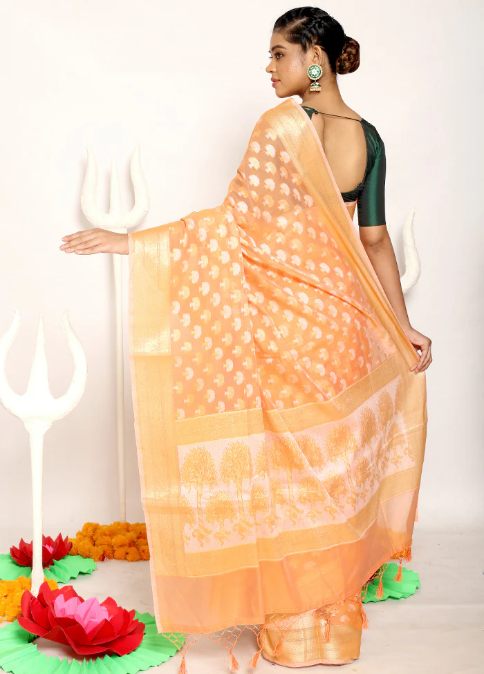 Orange Kora Silk Saree With Blouse Piece - Image 2