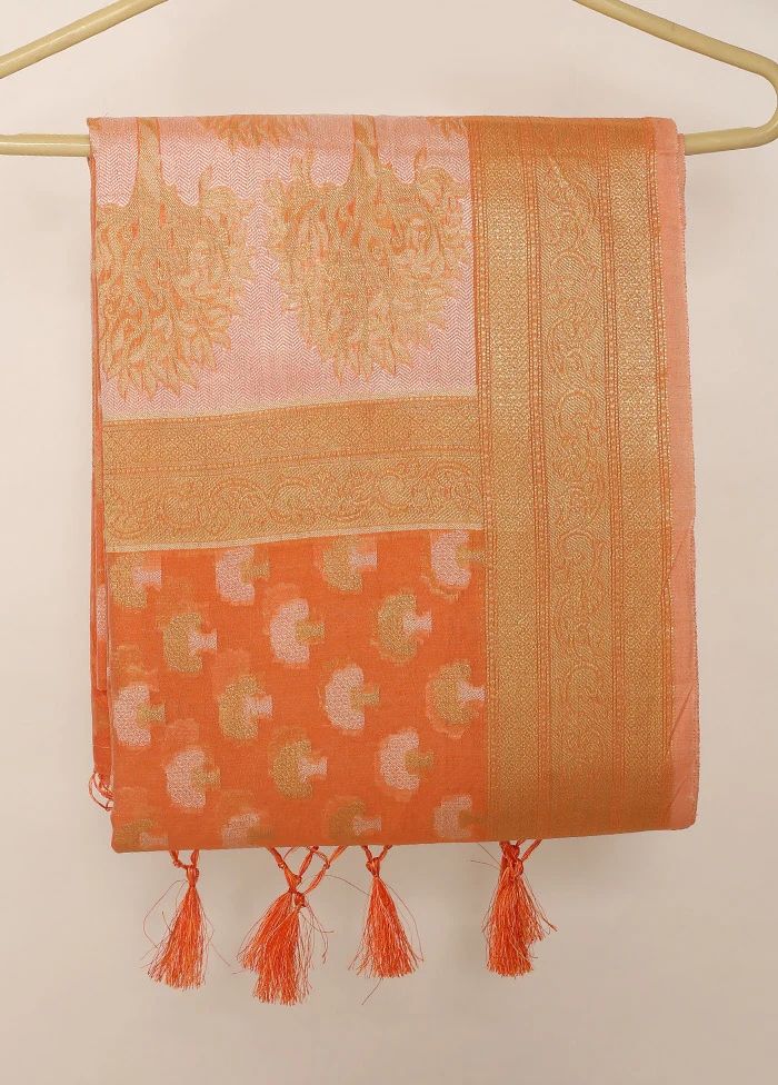 Orange Kora Silk Saree With Blouse Piece - Image 4