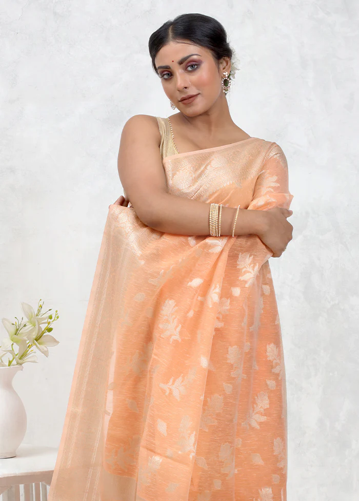 Orange Kora Silk Saree With Blouse Piece