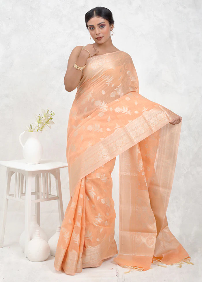 Orange Kora Silk Saree With Blouse Piece - Image 2
